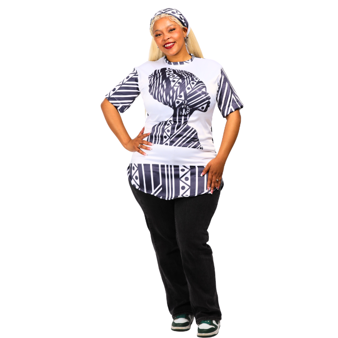 Luxury Xhosa Heritage Black & White Tunic Shirt with Matching Head Wrap