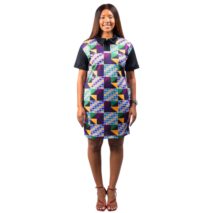 Woman wearing a colorful geometric patterned Kente Golfer dress on a white background