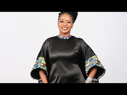 Ndebele Reloaded on Black Satin African Bubu Dress by Tribe Afrique (Kaftan)