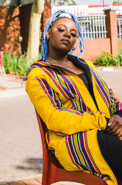Yellow Venda Extra Long Jacket with Removable hood Tribe Afrique