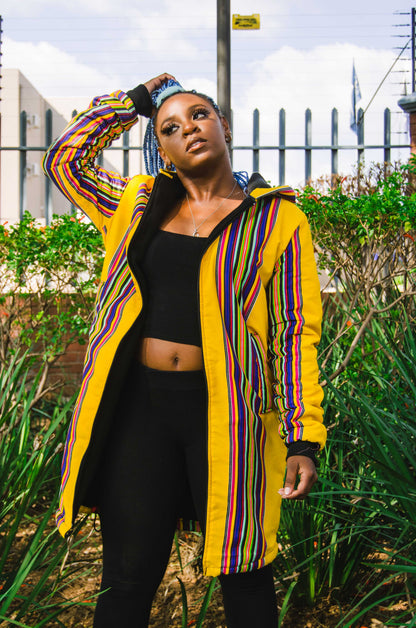 Yellow Venda Extra Long Jacket with Removable hood Tribe Afrique