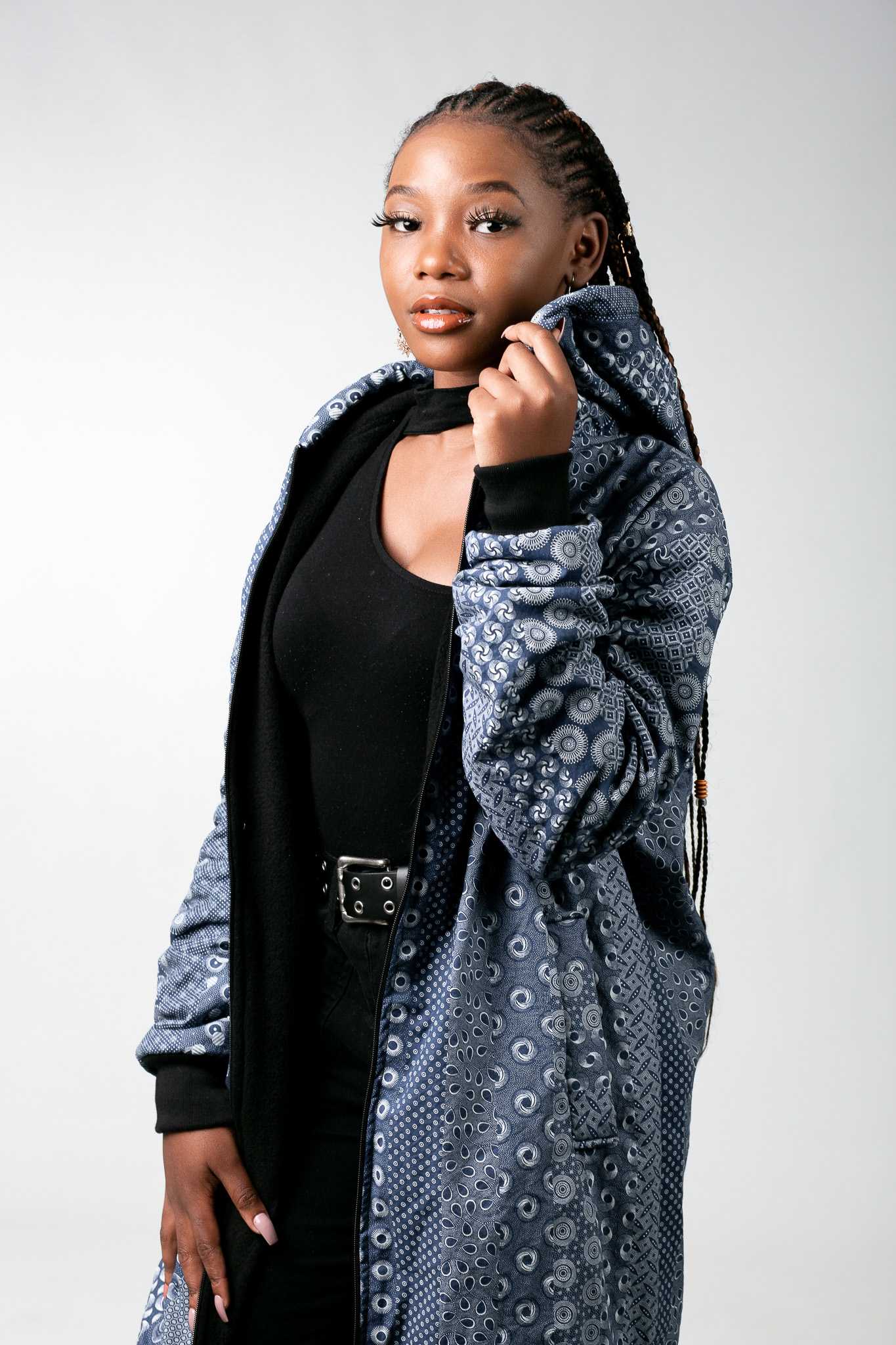 Blue Shweshwe Extra Long Jacket with Removable hood Tribe Afrique