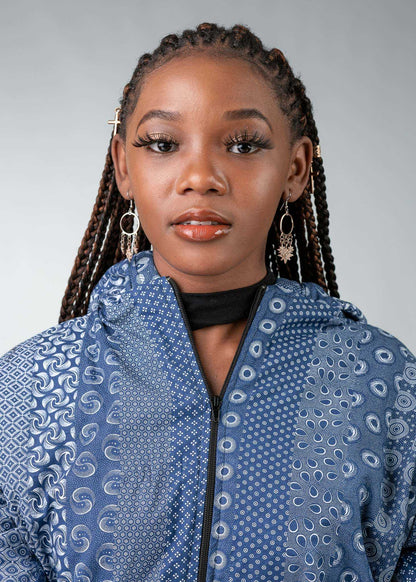 Blue Shweshwe Extra Long Jacket with Removable hood Tribe Afrique