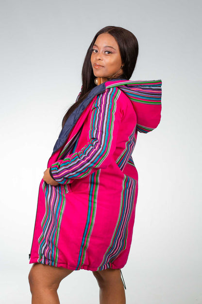 Pink Venda Extra Long Jacket with Removable hood Tribe Afrique