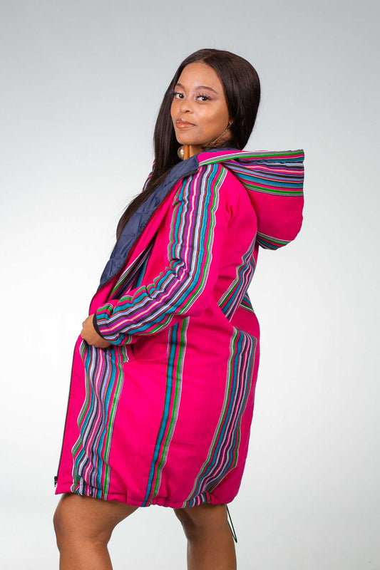 Pink Venda Extra Long Jacket with Removable hood Tribe Afrique