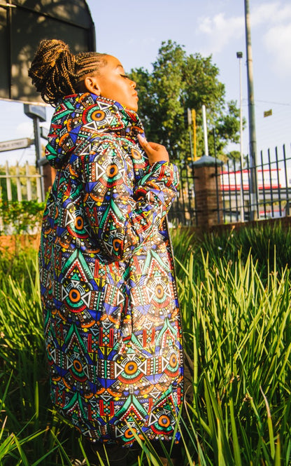 Blue Kai Extra Long Jacket with Removable hood Tribe Afrique
