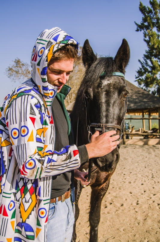 Ndebele Kess Extra Long Jacket with Removable hood and sleeves Tribe Afrique