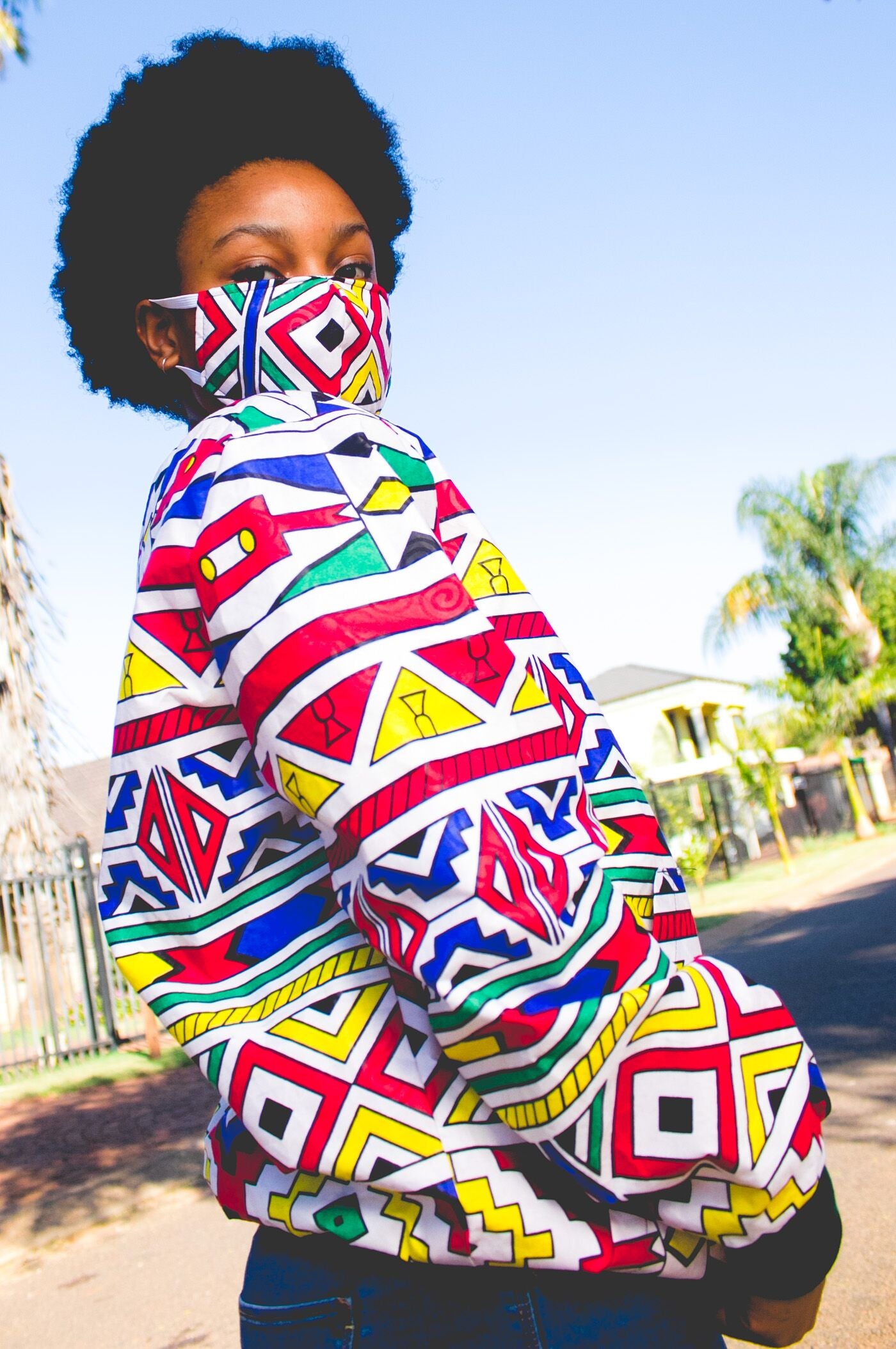 Orange Ndebele African Bomber Jackets with Mask Tribe Afrique