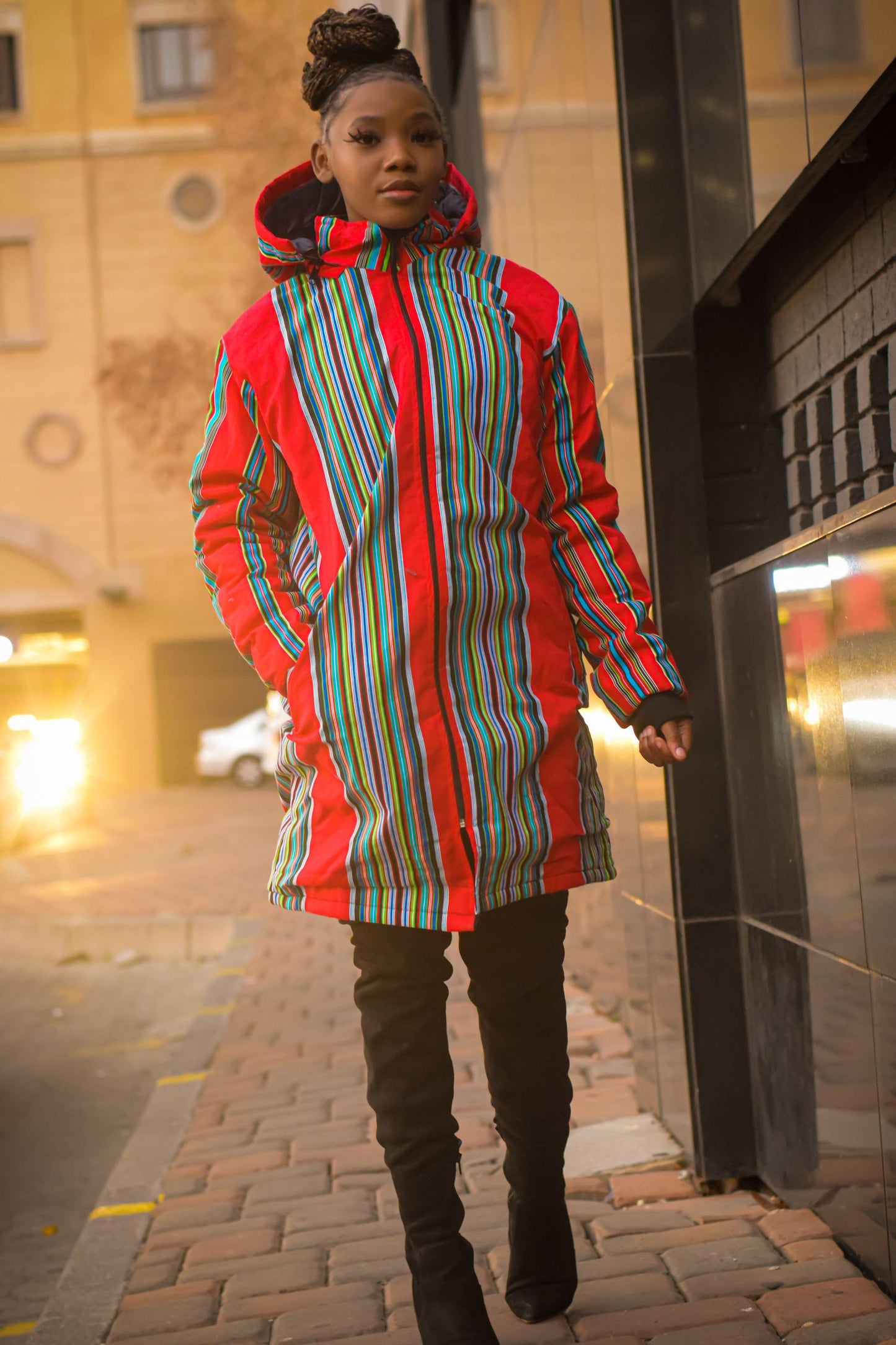 Red Venda Extra Long Jacket with Removable hood Tribe Afrique