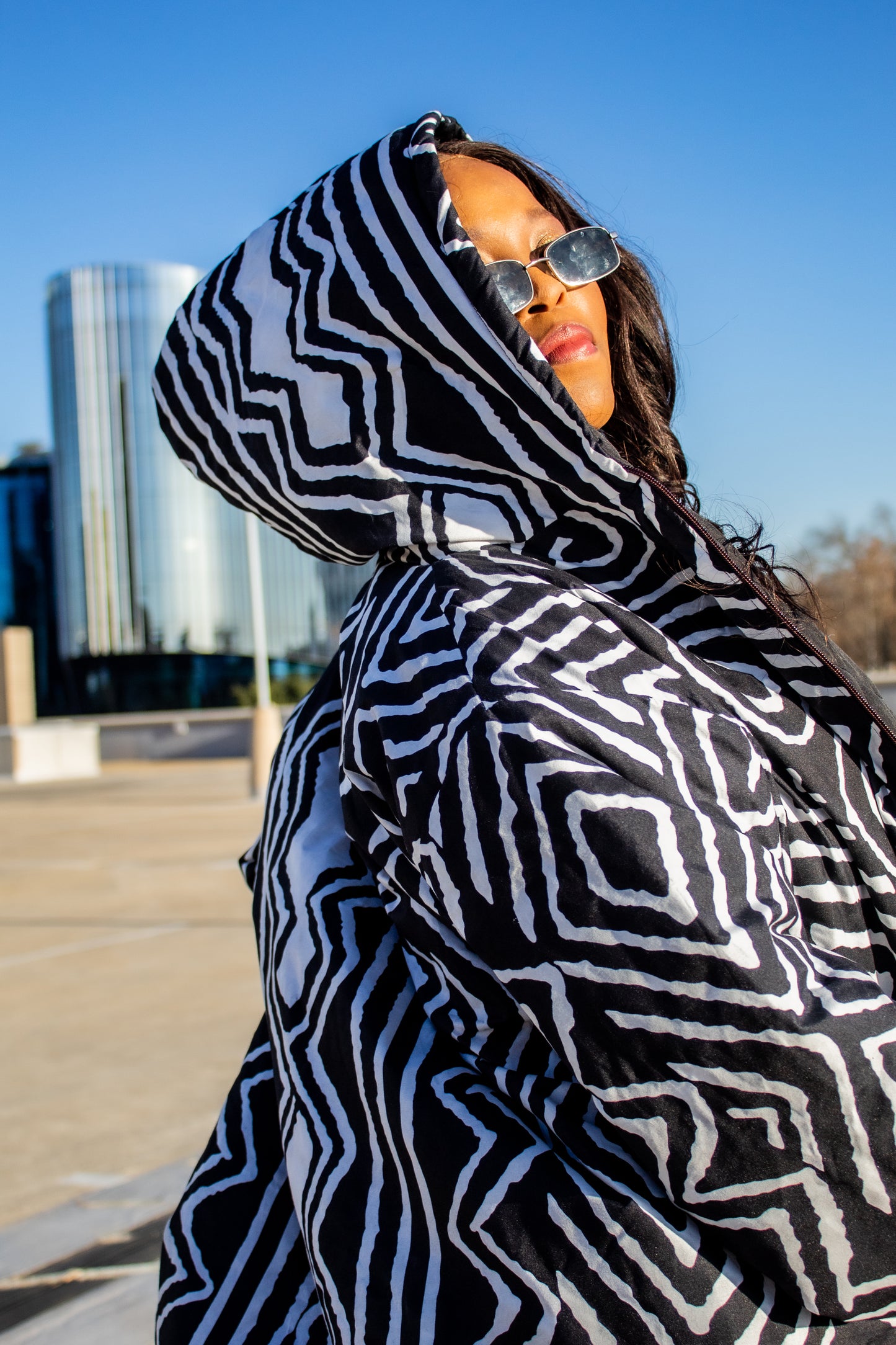 Black & White Zebra Extra Long Jacket with Removable hood Tribe Afrique