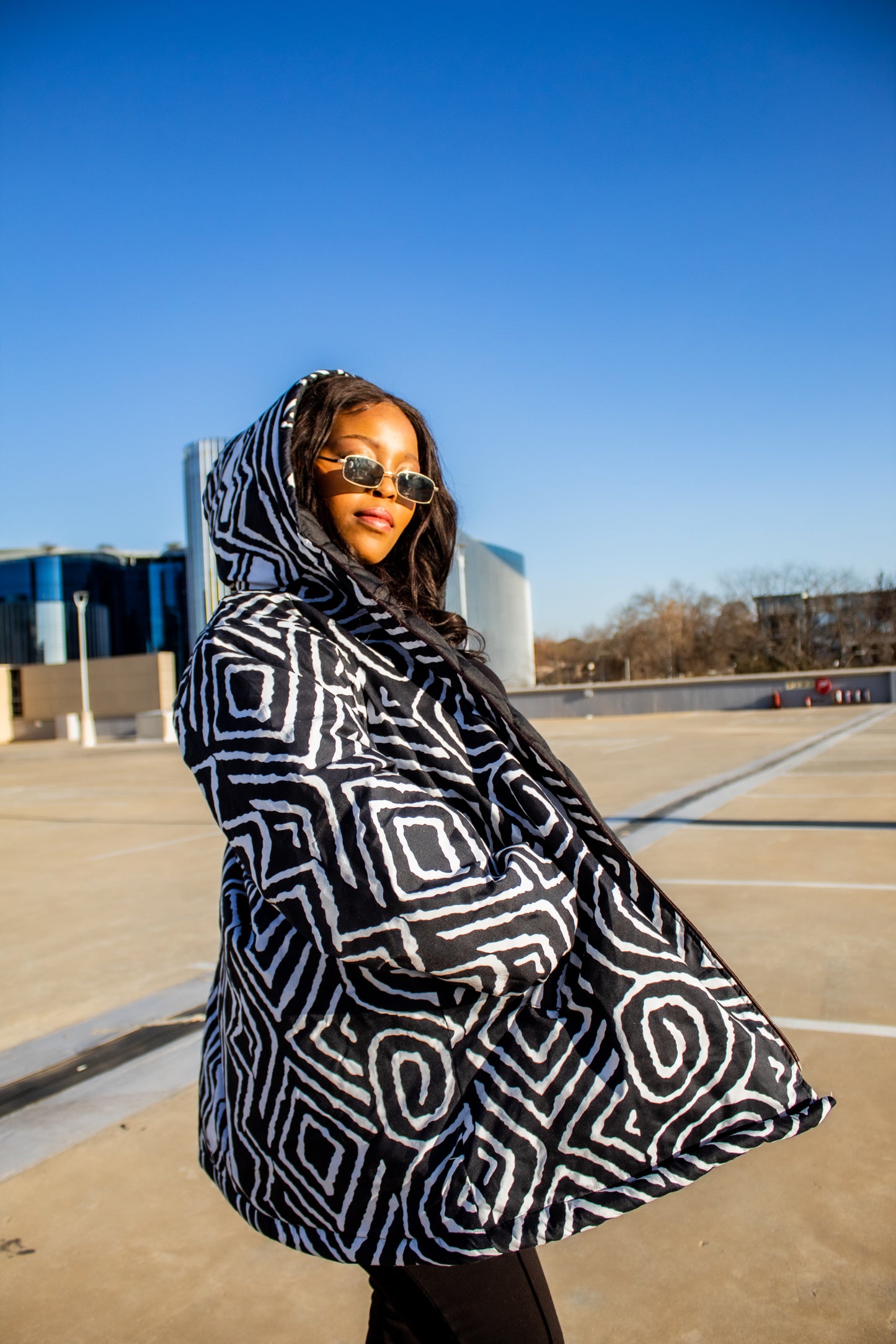 Black & White Zebra Extra Long Jacket with Removable hood Tribe Afrique