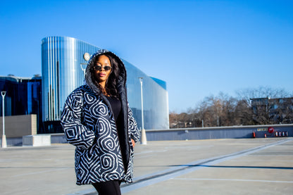 Black & White Zebra Extra Long Jacket with Removable hood Tribe Afrique