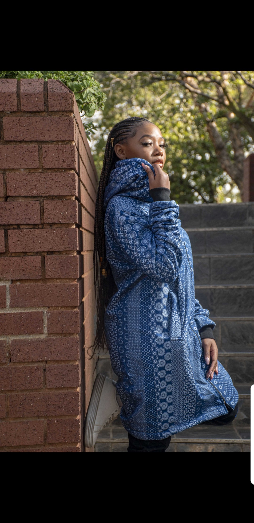 Blue Shweshwe Extra Long Jacket with Removable hood Tribe Afrique