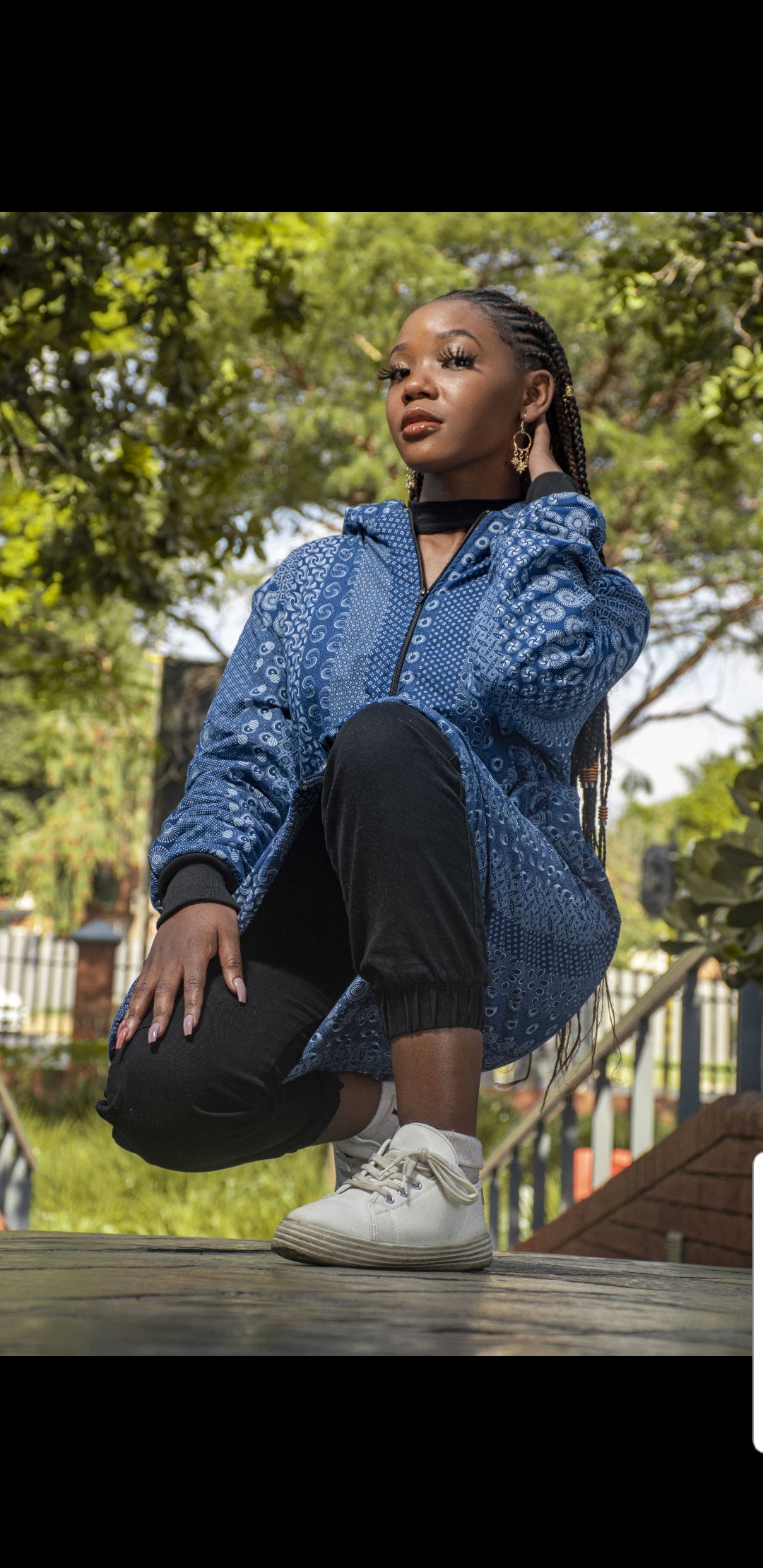 Blue Shweshwe Extra Long Jacket with Removable hood Tribe Afrique