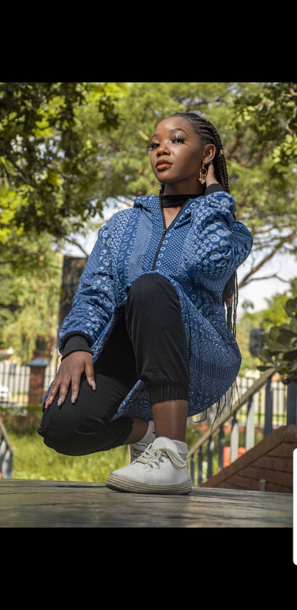 Blue Shweshwe Extra Long Jacket with Removable hood Tribe Afrique