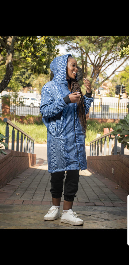 Blue Shweshwe Extra Long Jacket with Removable hood Tribe Afrique