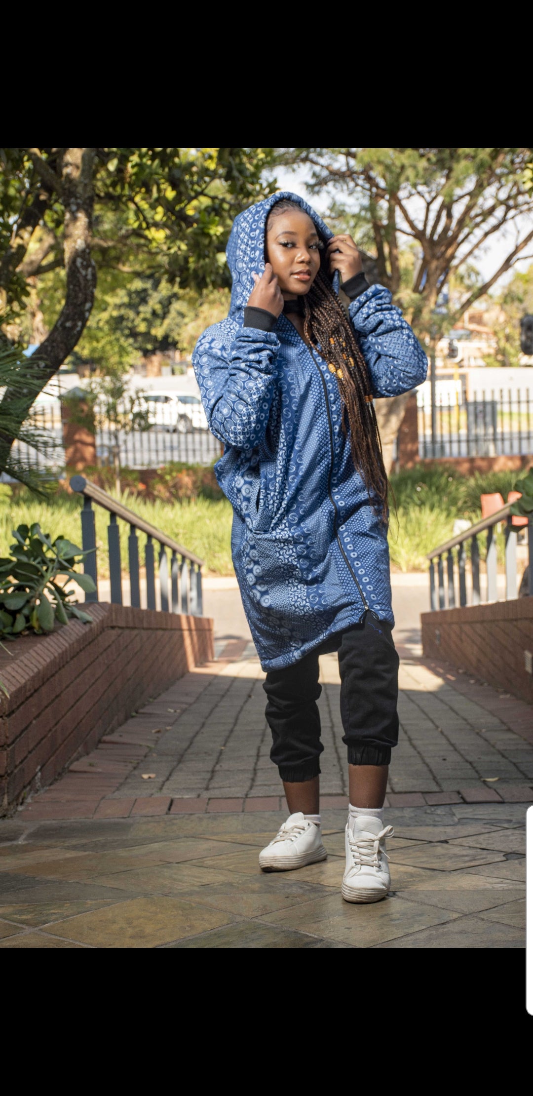 Blue Shweshwe Extra Long Jacket with Removable hood Tribe Afrique