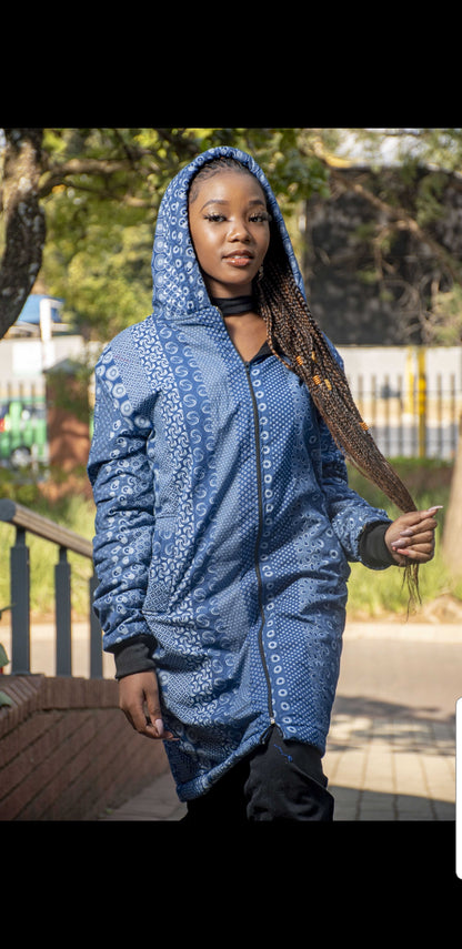 Blue Shweshwe Extra Long Jacket with Removable hood Tribe Afrique