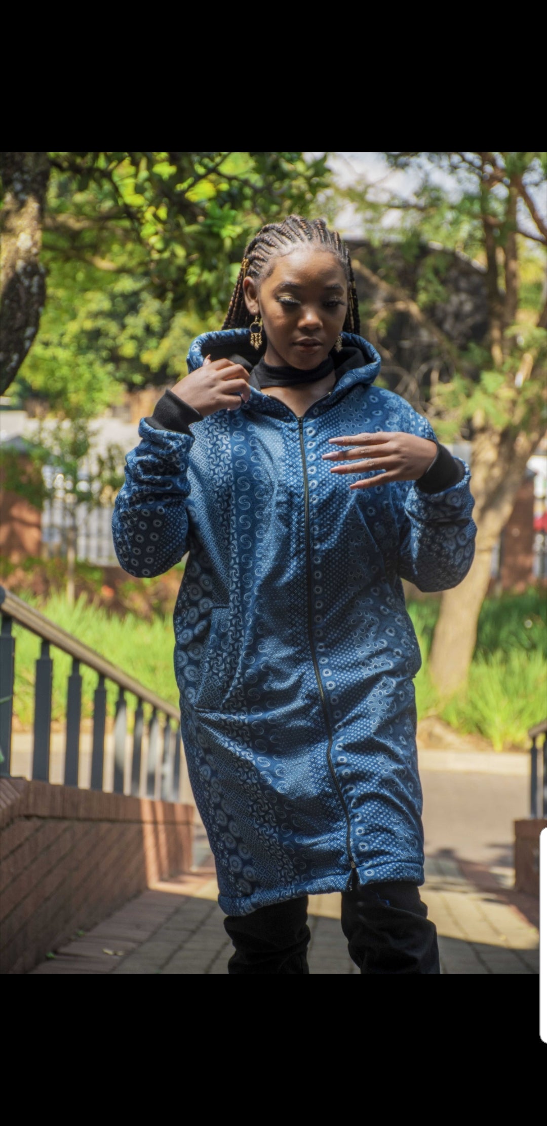 Blue Shweshwe Extra Long Jacket with Removable hood Tribe Afrique