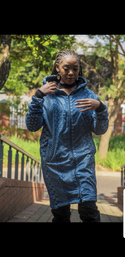 Blue Shweshwe Extra Long Jacket with Removable hood Tribe Afrique