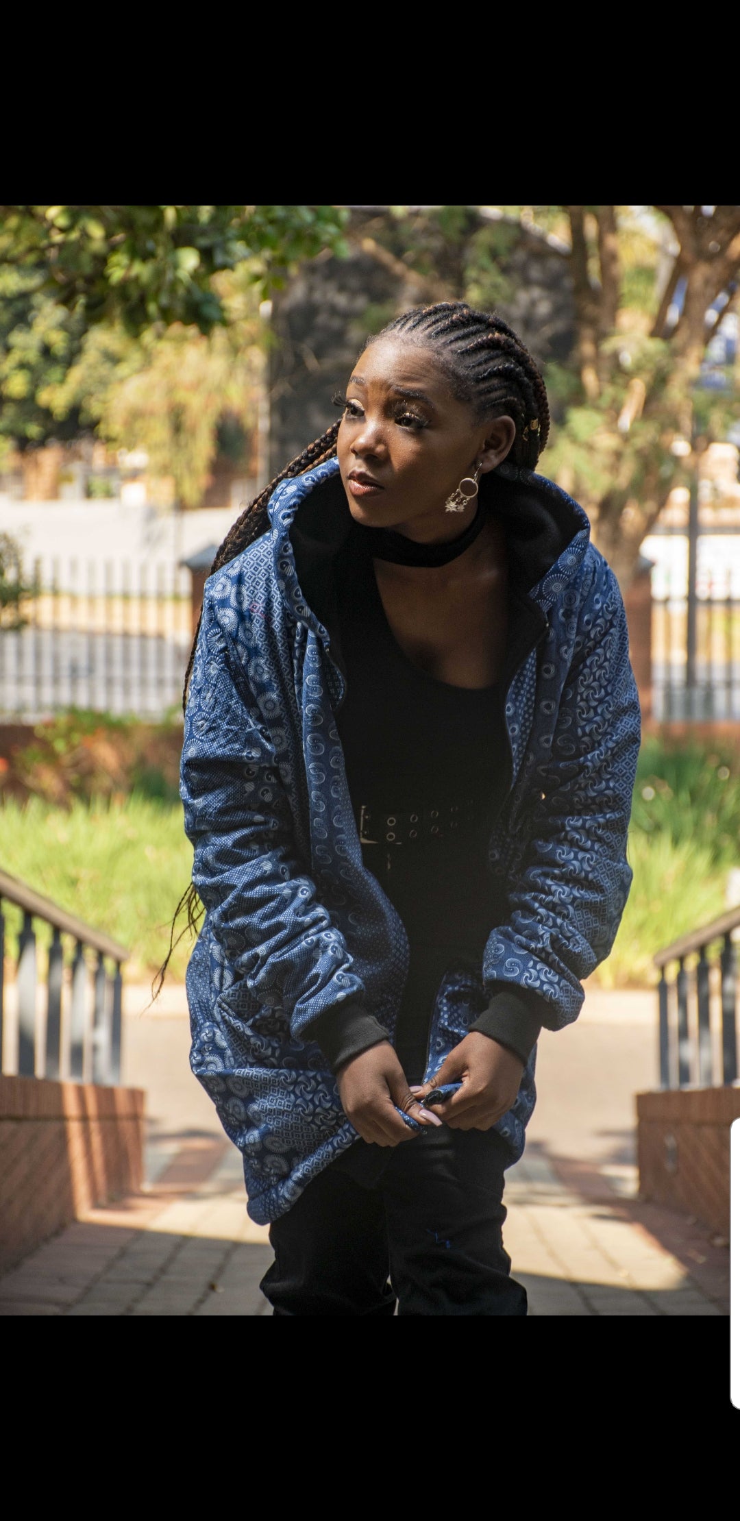 Blue Shweshwe Extra Long Jacket with Removable hood Tribe Afrique