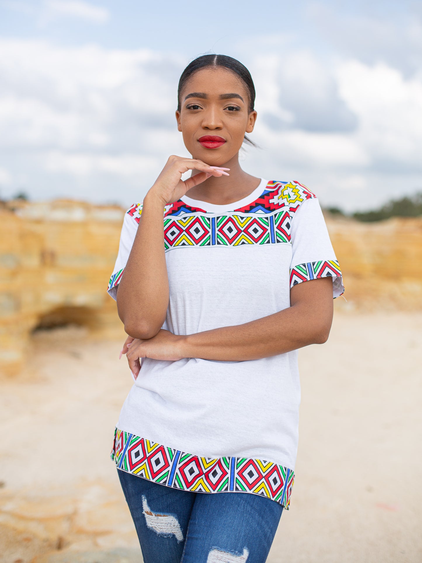 Orange Ndebele Jika African Shirt by Tribe Afrique with Matching Mask Tribe Afrique