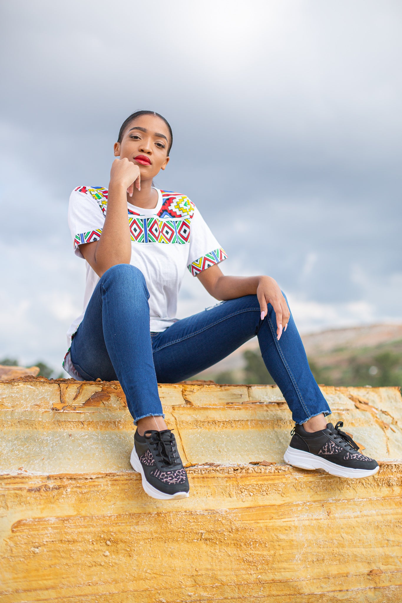 Orange Ndebele Jika African Shirt by Tribe Afrique with Matching Mask Tribe Afrique